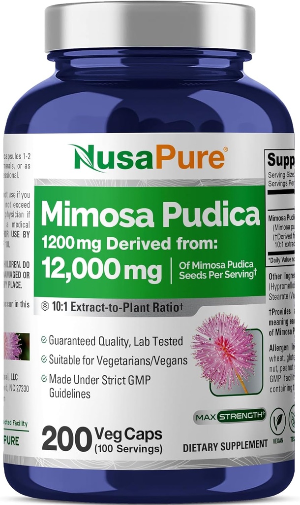 NusaPure Mimosa Pudica Seed 10: 1 Extract, 1200 mg Ækvivalent med 12. 000 mg 200 Veg Kapsler (Non- GMO, Vegan)