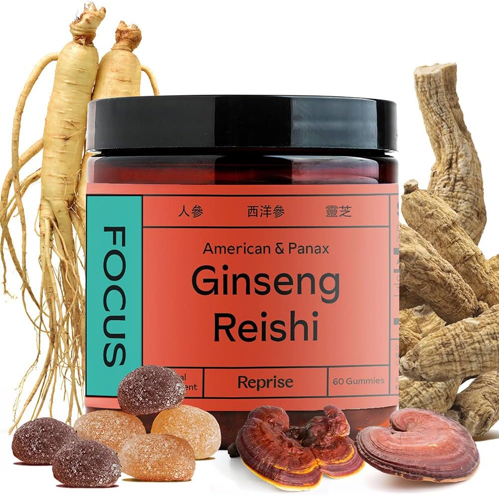 Fokus Gummies med amerikansk Ginseng, Koreansk Panax Ginseng & Reishi Extract - Hjælper med at støtte Energi & Mood, Vegan, Low- Sugar, 60 Gummies, Pineapple, Loquat & Strawberry Flavor