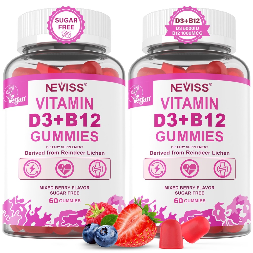 NEVISS 2Pack Vegan Vitamin D3 + Vitamin B12 Gummies, High Potency D3 5000IE & 1000 mcg Metyleret B12, Vitamin D3 og B12 for voksne, Support Bone Health, Immun & Energy Supplement, 120 Tæl