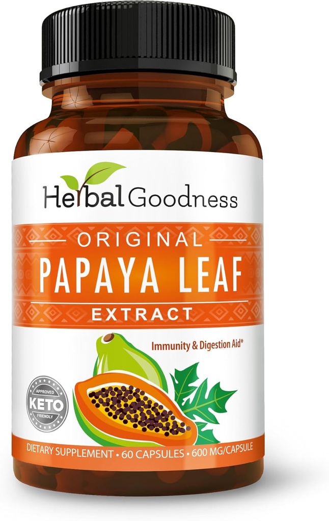 Papaya Leaf Extract fordøjelsesenzymer - 10X Styrke 60 / 600mg Veg Capsules- Blood Platelet, Ben Marrow & Milt Support, Immunity Gut & Super fordøjelsessygdomme - Made in USA by Herbal Goodness