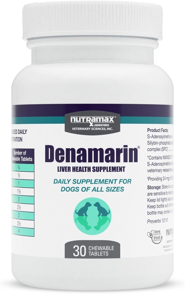 Nutramax Denamarin Leverkosttilskud til hunde, Med S- Adenosylmethionin (SAME) og Silybin, 30 tyggetabletter