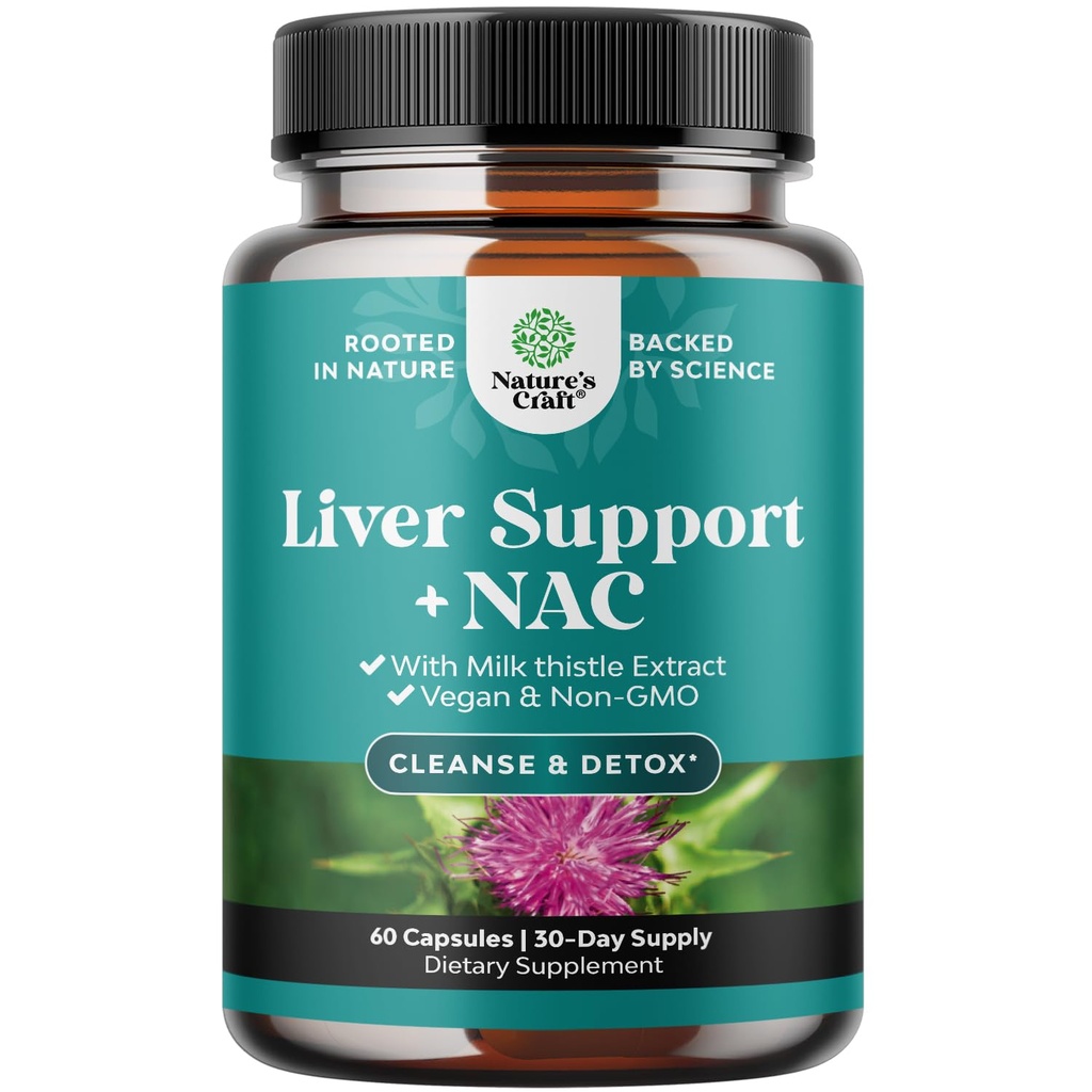 Leverstøtte NAC tillæg med mælk tidsel for lever rense Detox & reparation - N Acetyl cystein tillæg for lever rense med gurkemeje, cholin, Mælkebøtte & L- Glutathione - 60 Caps