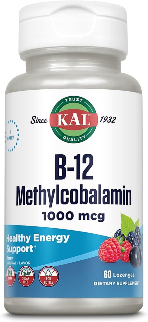 KAL vitamin B- 12 Methylcobalamin Lozenges 1000mcg, sund energi, Metabolisme, Nerve & Red Blood Cell Support, * Optimal Absorption, Natural Berry Flavor, Vegan, Sugar Free, 60 Servere, 60 Lozenges