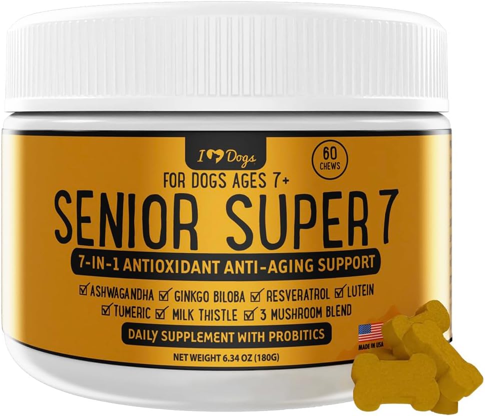 iHeartDogs Senior Super 7 Daily Dog Multivitamin - 7-in-1 Vitamin til hunde understøtter Anti- Aging med antioxidanter, Probiotika, Lions Mane, Tyrkiet Hale, & Ashwagandha for Longevity & Kognitiv Boost