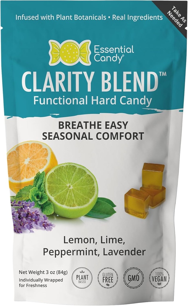 Clarity Blend Functional Hard Candy Note 124; Sæsonoppustelig vejrtrækning Let 124; Økologisk Lemon, Lime, Pebermynte, Lavender Buddy 124; Glutenfri, ikke-GMO, Vegan - 24 Greve (Pack of 1)