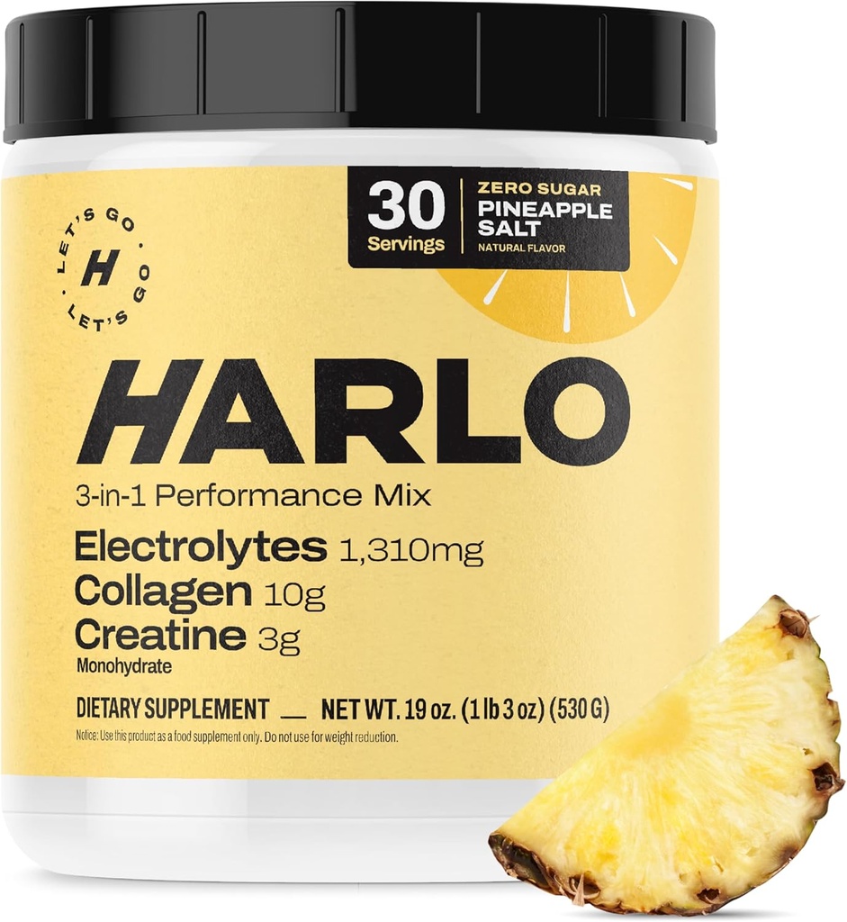 Harlo - Collagen & Creatin Electrolyte Drink Mix - Ananas Salt Flavor - Hydrating Pre & Post Workout Pulver - Understøtter hud, Joints & Muscle Inddrivelse - Sukkerfri energi Boost