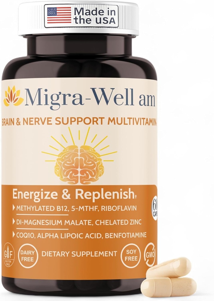 Migra-Well AM: Energizing Daily Methylated Multivitamin with Bioavailable Minerals & Antioxidants Supporting Brain & Nerve Heath for Women and Men - Without Iron (60 Capsules)