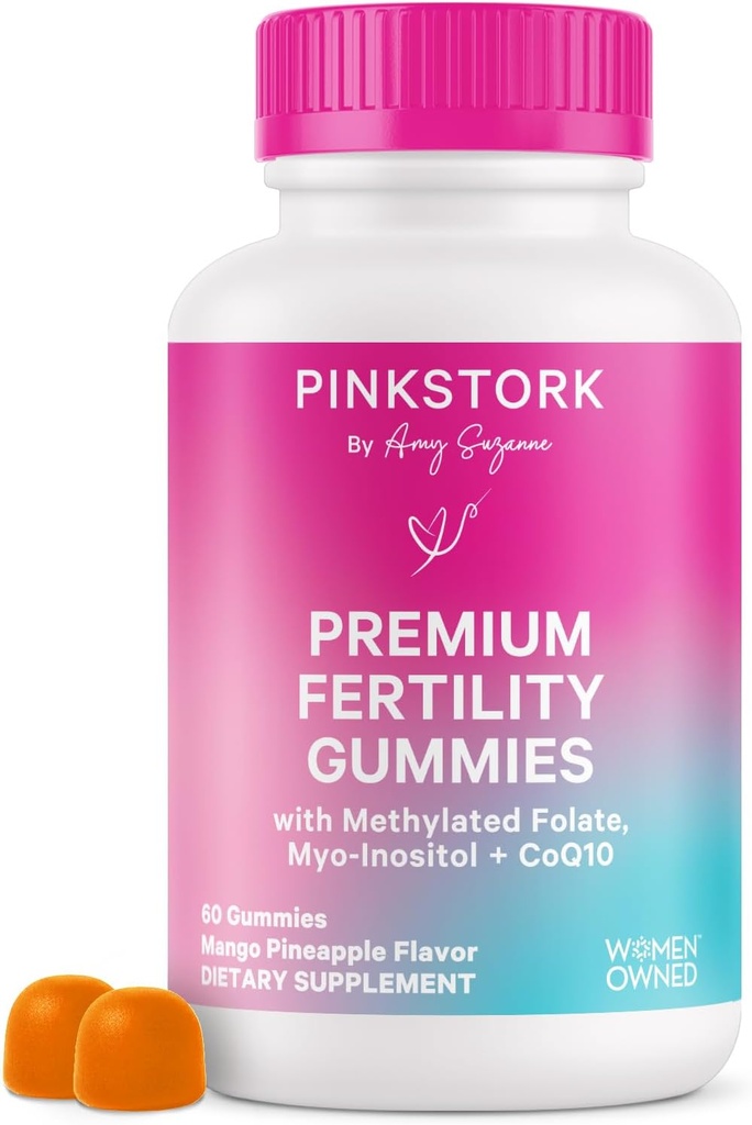 Pink Stork Fertilitet Gummier for kvinder - Ananas Mango Flavor, Conception Support med Myo-Inositol, CoQ10, Folate, Zink, D-vitamin, B6, B12 - Hormonal & Reproductive Health Supplement - 60 Gummies