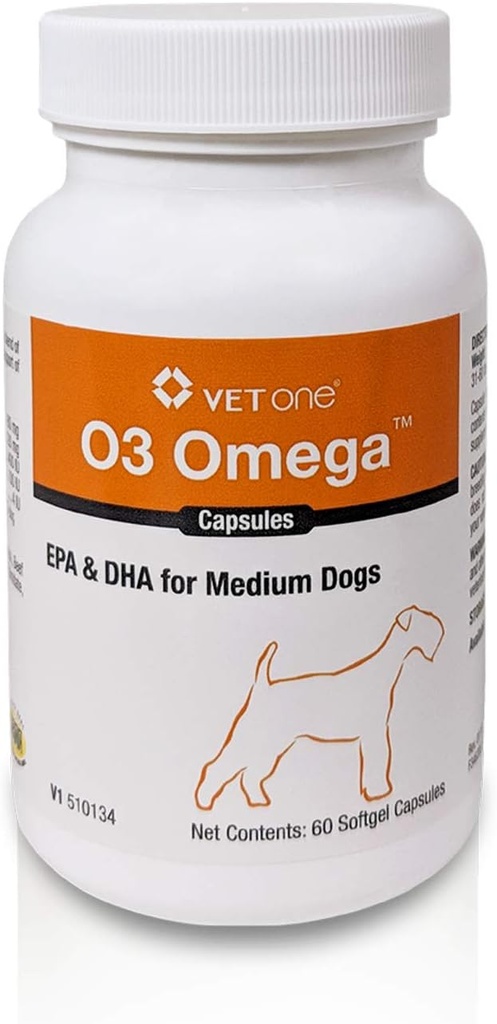 VetOne O3 Omega Soft Gel til mellemstore hunde - Essential Fedtsyreunderstøttelse - Skin & Coat supplement - 60 kapsler