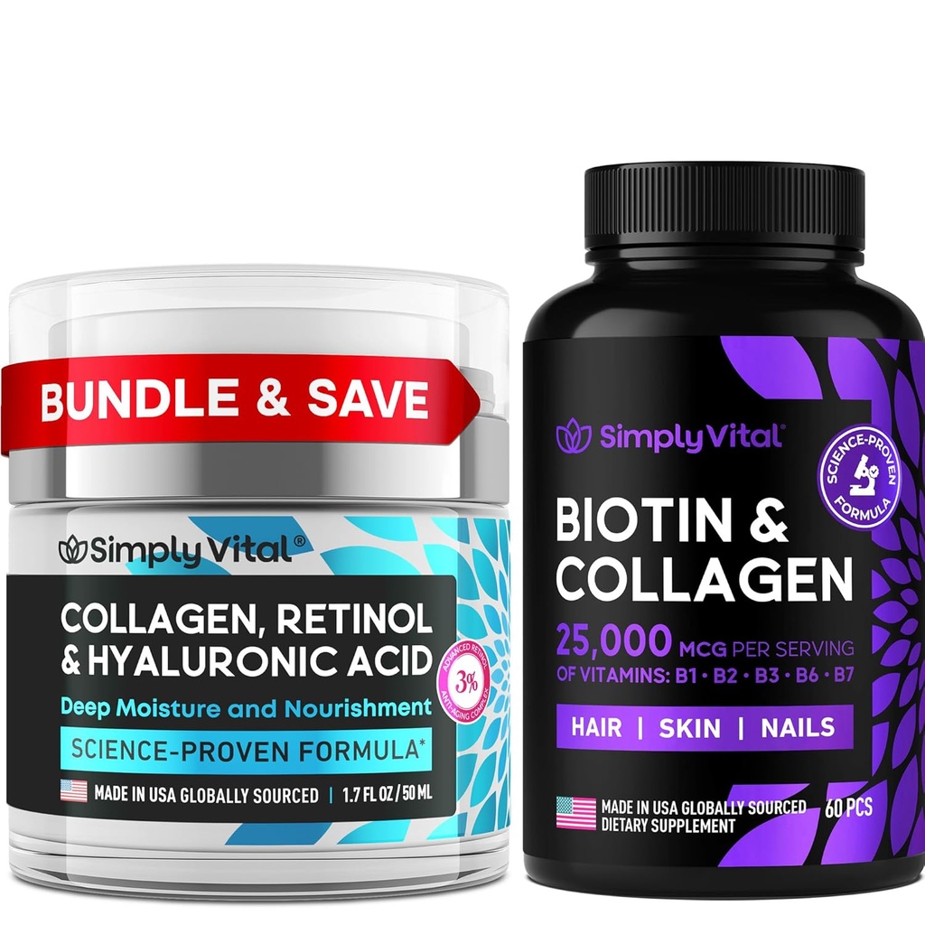 SimplyVital Biotin, Collagen & Retinol Bundle - 5000mcg Biotin til hår, hud & negle + Anti- Aging Retinol & Hyaluronic Acid Cream til ansigt, Neck & Décolleté - Made in USA