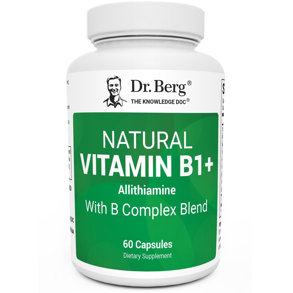 Dr. Berg Natural Vitamin B1 B6 B12 Complex - Allithiamin Vitamin B1 Supplement med 8 Essential Vitamin B Complex til mænd og kvinder, herunder thiamin, Niacin, Folate, Magnesium & mere - 60 kapsler