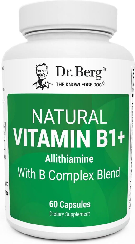 Dr. Berg Natural Vitamin B1 B6 B12 Complex - Allithiamin Vitamin B1 Supplement med 8 Essential Vitamin B Complex til mænd og kvinder, herunder thiamin, Niacin, Folate, Magnesium & mere - 60 kapsler
