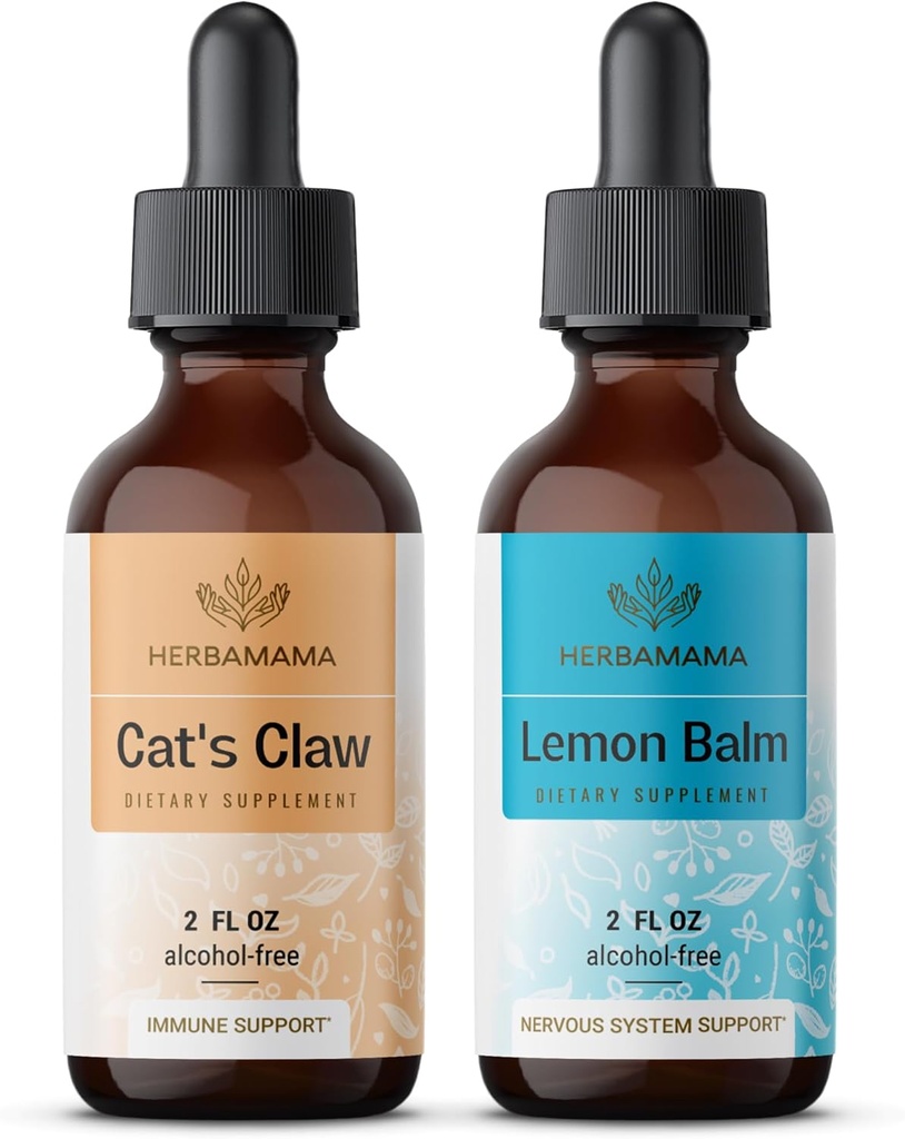 Herbamama Liquid Drops Kit - Bundle of Cat 's Claw Extract 2 fl oz og Lemon Balm Tincture 2 fl oz - Vegan Herbal Supplement Liquid Extract - Ikke GMO, Sugar & Alcohol- Free - 2 Pack