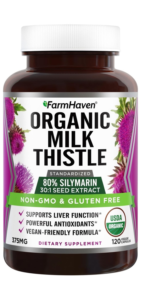 FarmHaven USDA Organic Milk Thistle Capsules Measures 124; 30X koncentreret frø ekstrakt & 80% Silymarin Standardized - Understøtter leverfunktion og total sundhed Measures 124; Non- GMO Measures 124; 120 Veggie Capsules