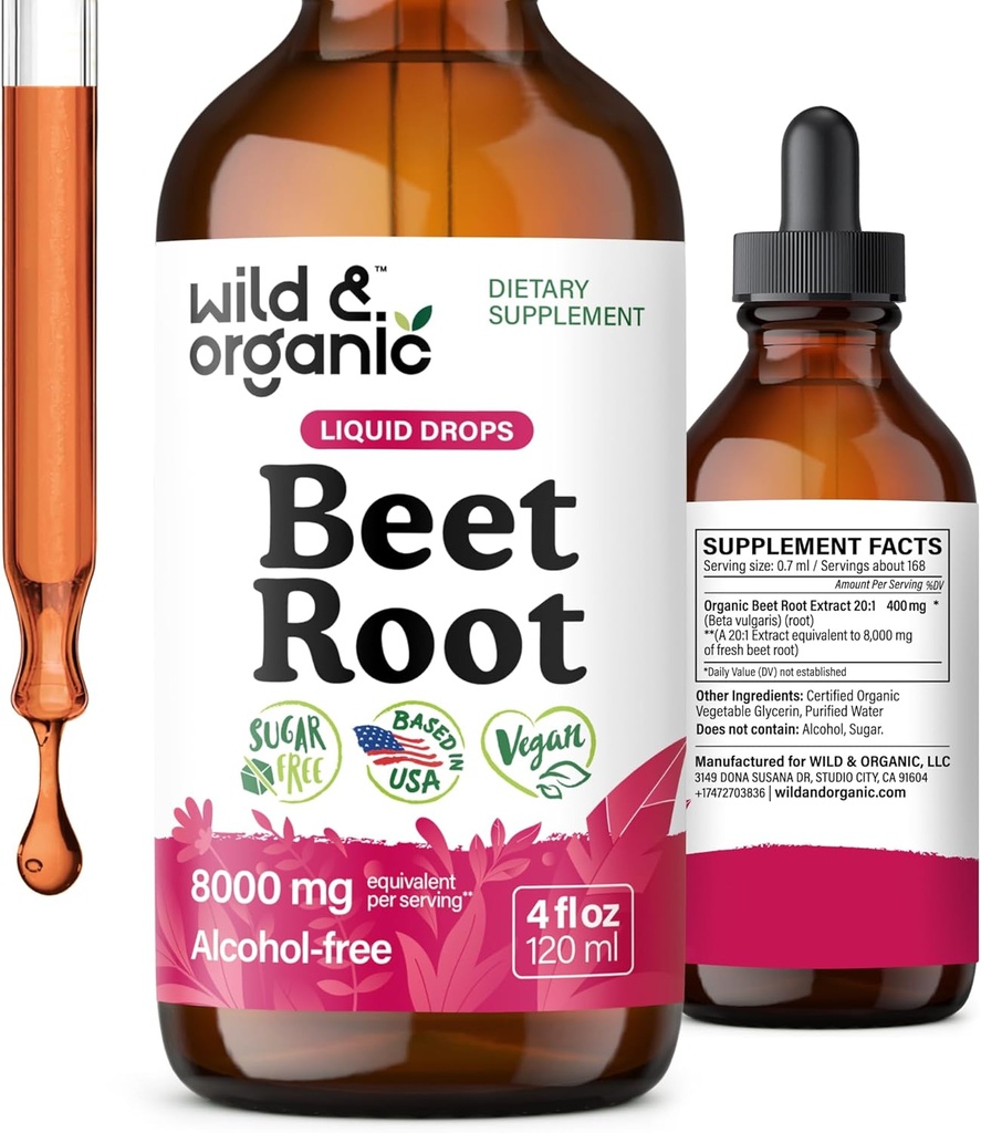 Wild & Organic Beet Root Extract Drops - 8000 mg Fresh Beetroot Extract Ækvivalent - Extract 20: 1 - Liquid Red Beets Supplements - 400 mg per serving - Vegan, Alkohol & Sugar- Free - 4 fl oz