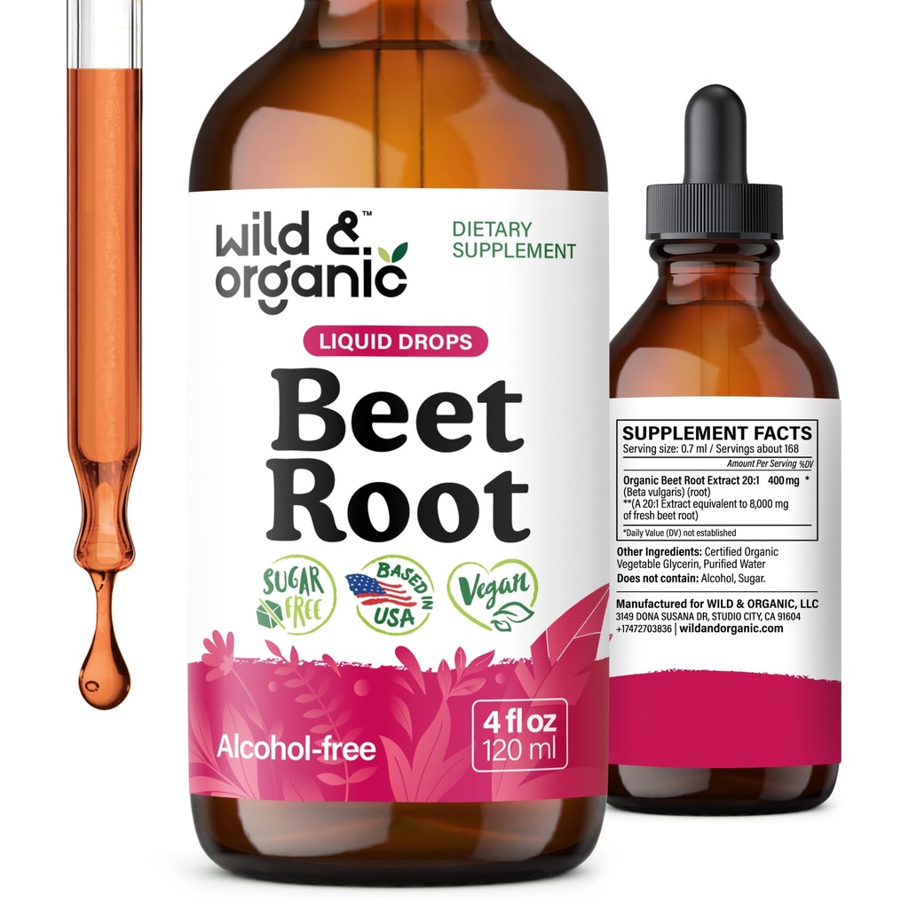 Wild & Organic Beet Root Extract Drops - 8000 mg Fresh Beetroot Extract Ækvivalent - Extract 20: 1 - Liquid Red Beets Supplements - 400 mg per serving - Vegan, Alkohol & Sugar- Free - 4 fl oz