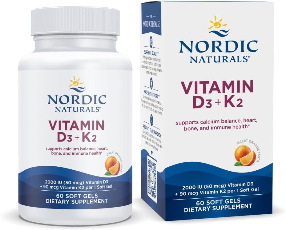 Nordic Naturals Vitamin D3 + K2, Orange Taste - 60 Soft Gels - Synergistisk støtte til knogler, immunfunktion & kalciumbalance - ikke-GMO - 60 Servere