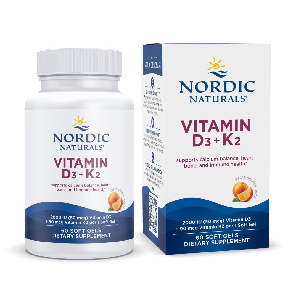 Nordic Naturals Vitamin D3 + K2, Orange Taste - 60 Soft Gels - Synergistisk støtte til knogler, immunfunktion & kalciumbalance - ikke-GMO - 60 Servere