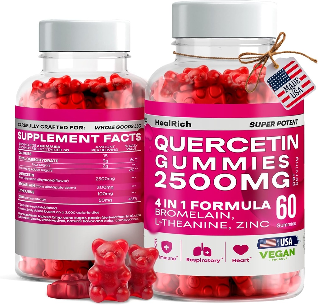 Quercetin Gummies - 2500MG med Bromelain, L- Theanine & Zink Vegan immunsupport supplement til børn og voksne - Allergi Relief & Lung Health
