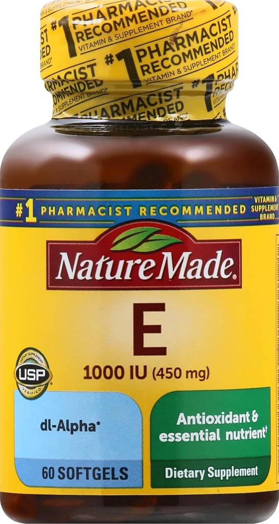 Nature Made Vitamin E 450 mg (1000 IE) dl- Alpha Softgel, 60 Count for Antioxidant Support (Packaging May Vary)
