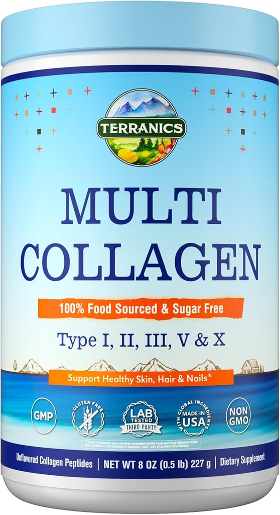 Terranics Multi Collagen Peptider Pulver, Type I II III V X Collagen for kvinder & mænd, Collagen Kosttilskud til hud, negle, hår, Let at løse, Unflavored, Ingen sukker, Keto, 8oz