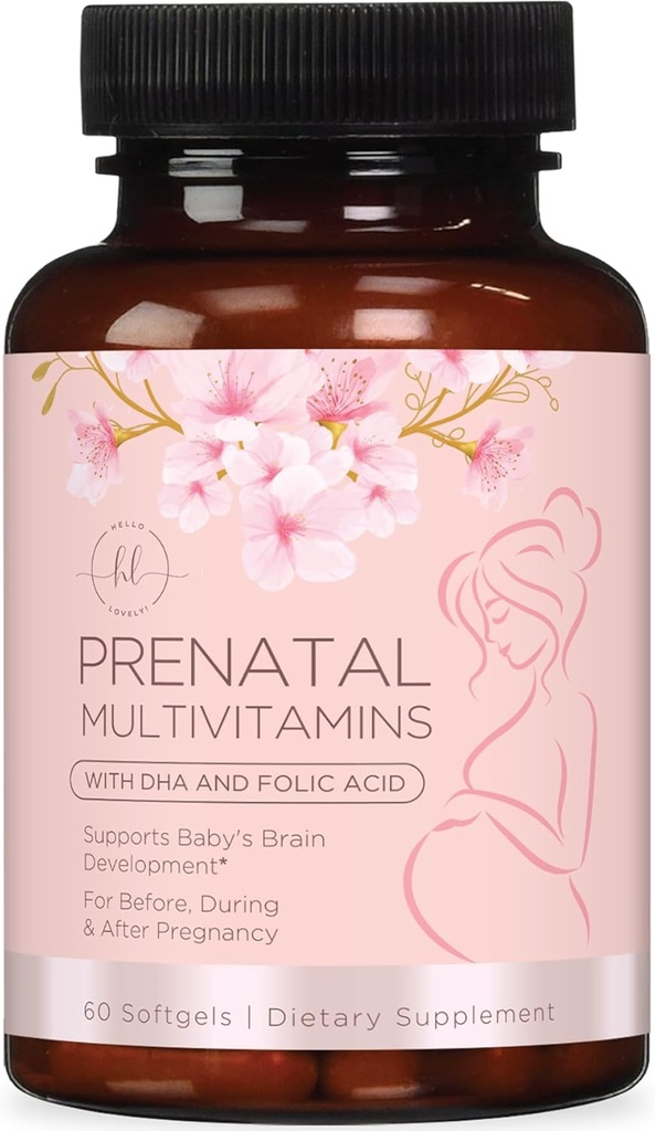 Prenatale vitaminer til kvinder med folinsyre & DHA, Brain Development Support med Folate & Omega 3 s, Multivitamin med vitamin A, C, D, B6, B12 & Jern, Graviditet Supplement - 60 Softgels