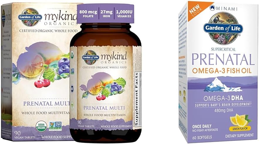 Garden of Life Women’s Prenatal Multivitamin with Vitamin D3, B6, B12, C & Iron & Prenatal DHA Omega 3 Fish Oil - Minami Natural Prenatal, 60 Softgels