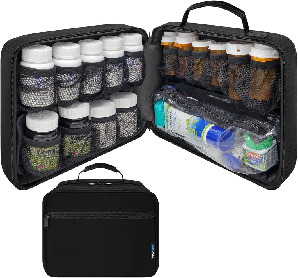 Large Padded Modular Pill Bottle Organizer, Medicine Bag, Case, Carrier for Medications, Vitamins, and Medical Supplies - for Home Storage and Travel - Black (Without Lock)
