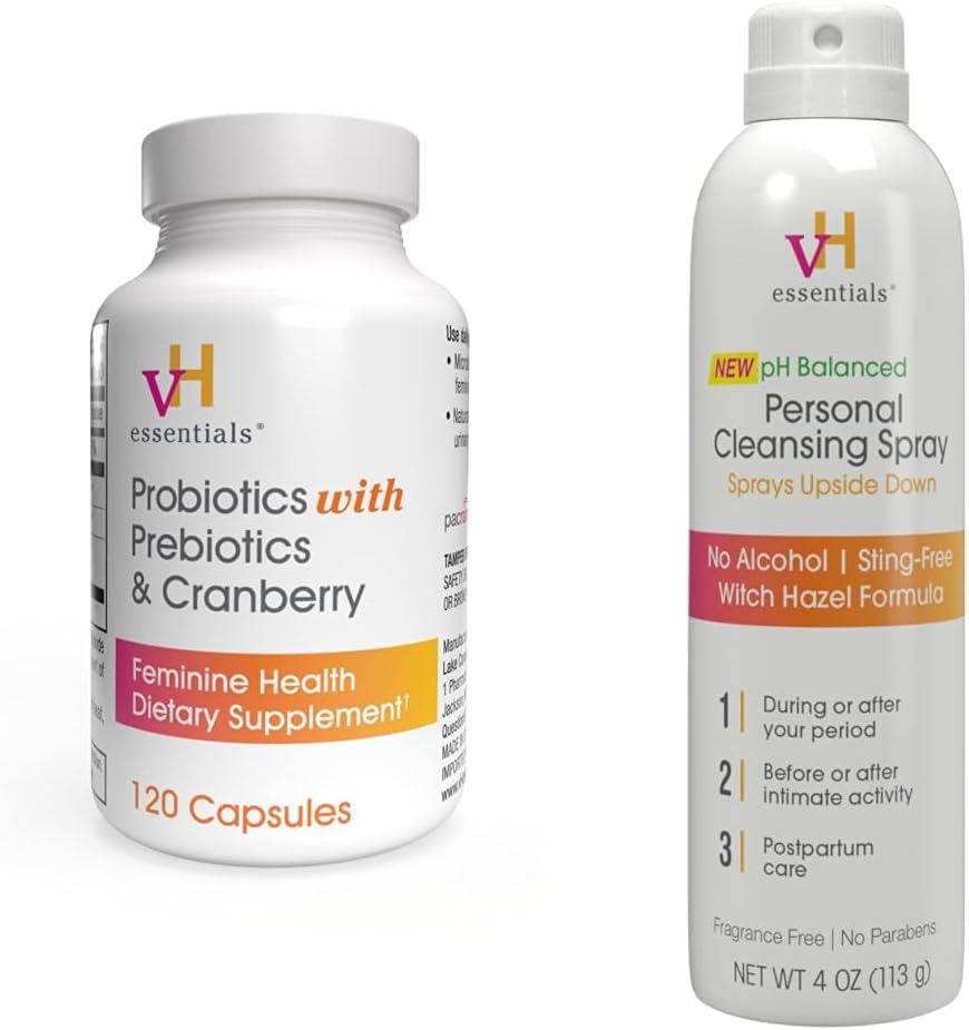 vH essentielle Probiotika med Prebiotika og Cranberry Feminin Health Supplement - 120 Kapsler og personlig Cleansing Spray Bundle