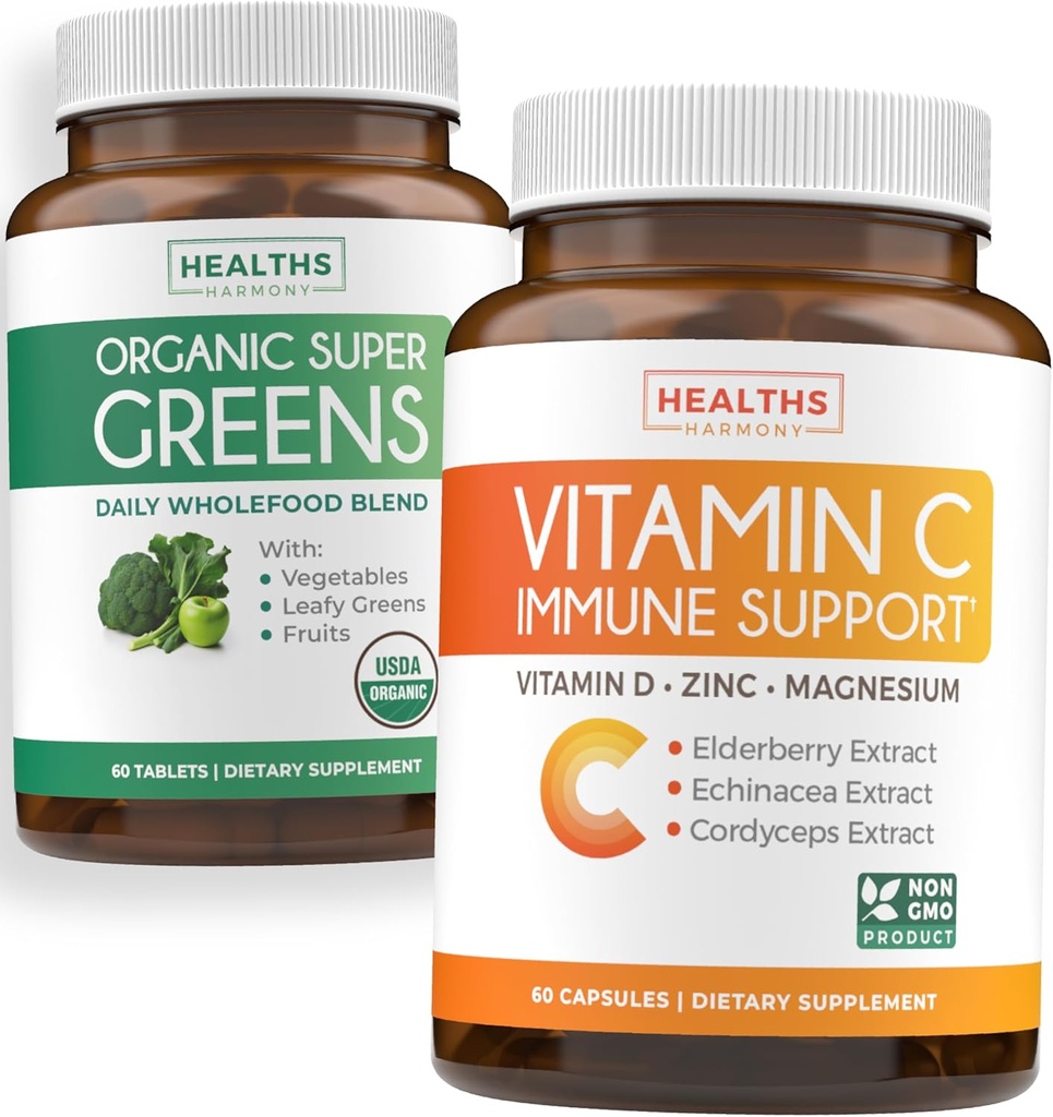 Super Grønne & C-vitamin (1-måned Supply) Grønne & C Synergy Bundle of Organic Super Green Powder - Komplet superfood (60 kapsler) & C-vitamin immunforsvar (60 vegetariske Caps) (non-GMO)