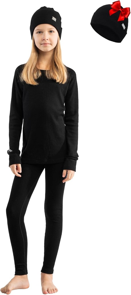 Merino Uld Base Layer Kids Set - Midweight Unisex Merino Uld Termisk undertøj til børn top, bund, Cuff Beanie