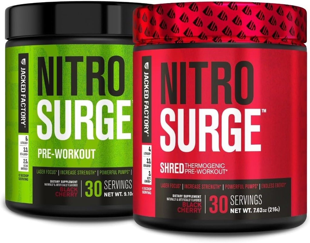 Jacked Factory Nitrovolume Pre- workout in Black Cherry & Black Cherry Nitrovolume Shred Thermogen Pre- workout for mænd og kvinder