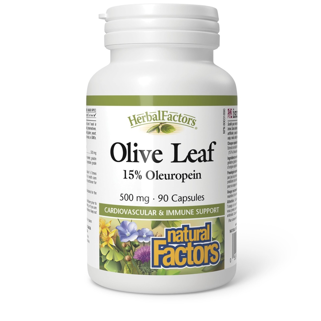 HerbalFactors by Natural Factors, Olive Leaf 500 mg, Natural Wellness Formel, 90 Kapsler