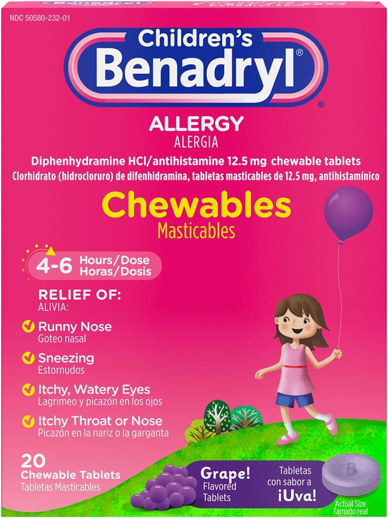 Benadryl Børneallergi Chewables med Diphenhydramin HCl, Chewable Kids Antihistamin tabletter til lindring af Allergi Symptomer som nysen & Itchy Eyes, Grape Flavor, 20 ct