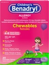 Benadryl Børneallergi Chewables med Diphenhydramin HCl, Chewable Kids Antihistamin tabletter til lindring af Allergi Symptomer som nysen & Itchy Eyes, Grape Flavor, 20 ct
