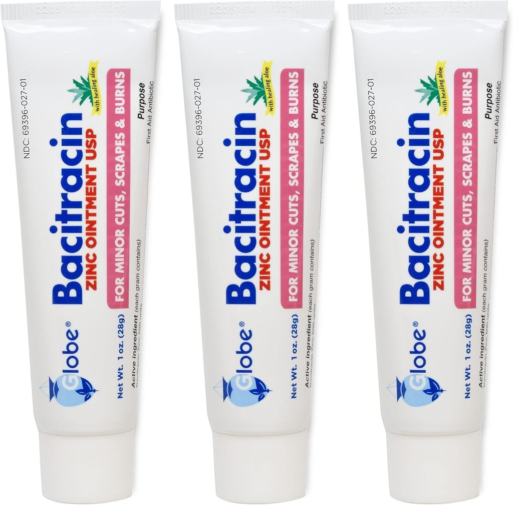 Globe (3 Pack) Bacitracin Zink Salve + Aloe 1oz - Maksimal styrke Antibiotisk for Sår Healing - topisk medicineret løsning til cuts, Burns, Scrapes - Hudinfektion & førstehjælp Essentials