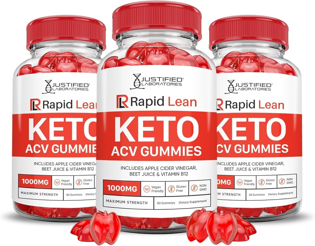 Justified Laboratories (3 Pack Rapid Lean Keto ACV Advanced Formel 1000MG Keto Gummies Apple Cider Vinagar Formuleret med Pomegranate Beet Juice Powder B12 Vegan Non GMO 180 Gummies