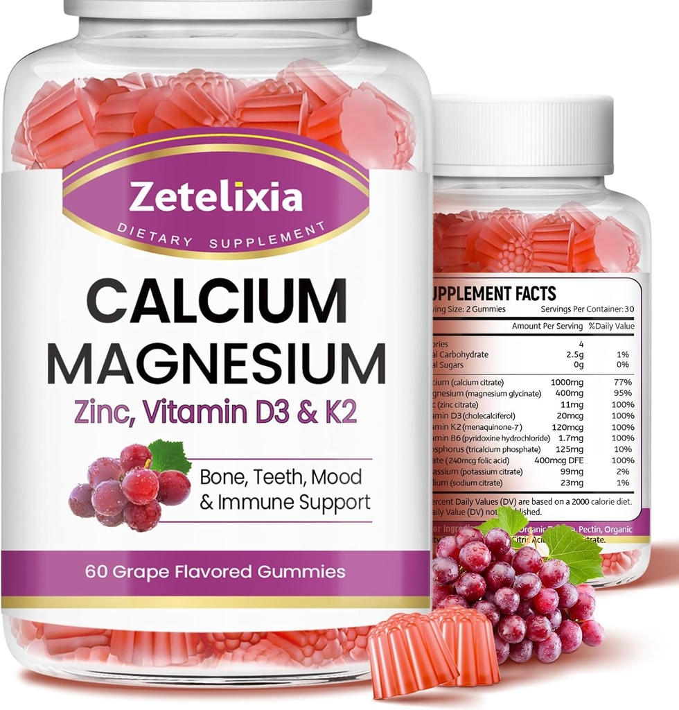 Calcium Gummies, Calcium Magnesium Zink med vitamin D3 & K2, Calcium Magnesium supplement til B0nes Muskler, Grape Flavor - 120 Tæl