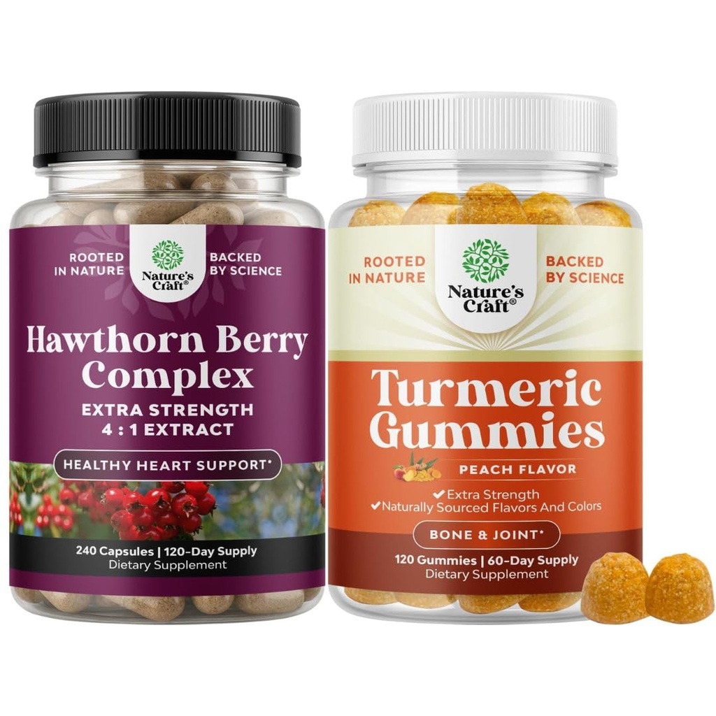 Bundle of Extra Strength Hawthorn Berry Capsules - Uddrag fordøjelse og hjerte sundhed supplement og gurkemeje gummier for voksne Peach Flavor - Ekstra styrke fælles støtte gummies