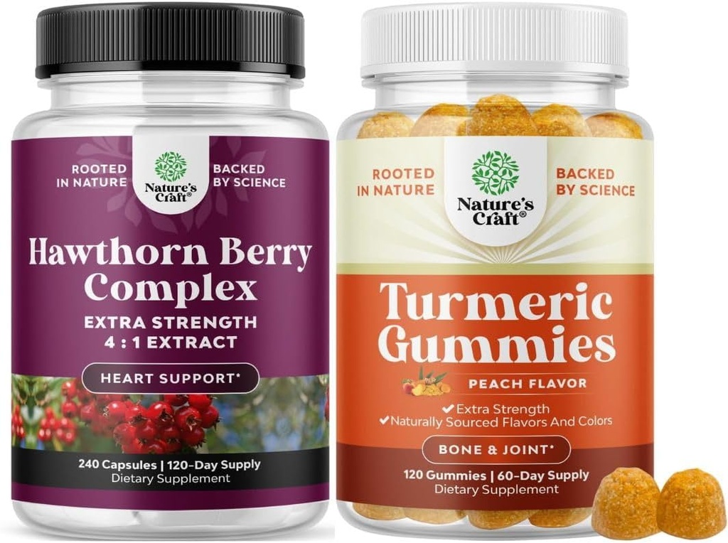 Bundle of Extra Strength Hawthorn Berry Capsules - Uddrag fordøjelse og hjerte sundhed supplement og gurkemeje gummier for voksne Peach Flavor - Ekstra styrke fælles støtte gummies