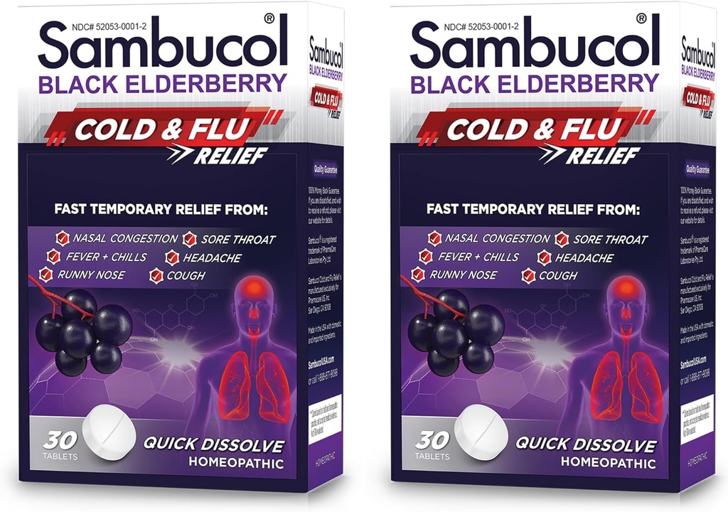 Sambucol Cold and Flu Relief Tablets - Homøopatisk Cold Medicine, Nasal & Sinus Congestion Relief, Anvendelse til Runny Næse, Hoste, Cold Remedy til voksne - Black Elderberry, 30 Greve, 2 -Pack