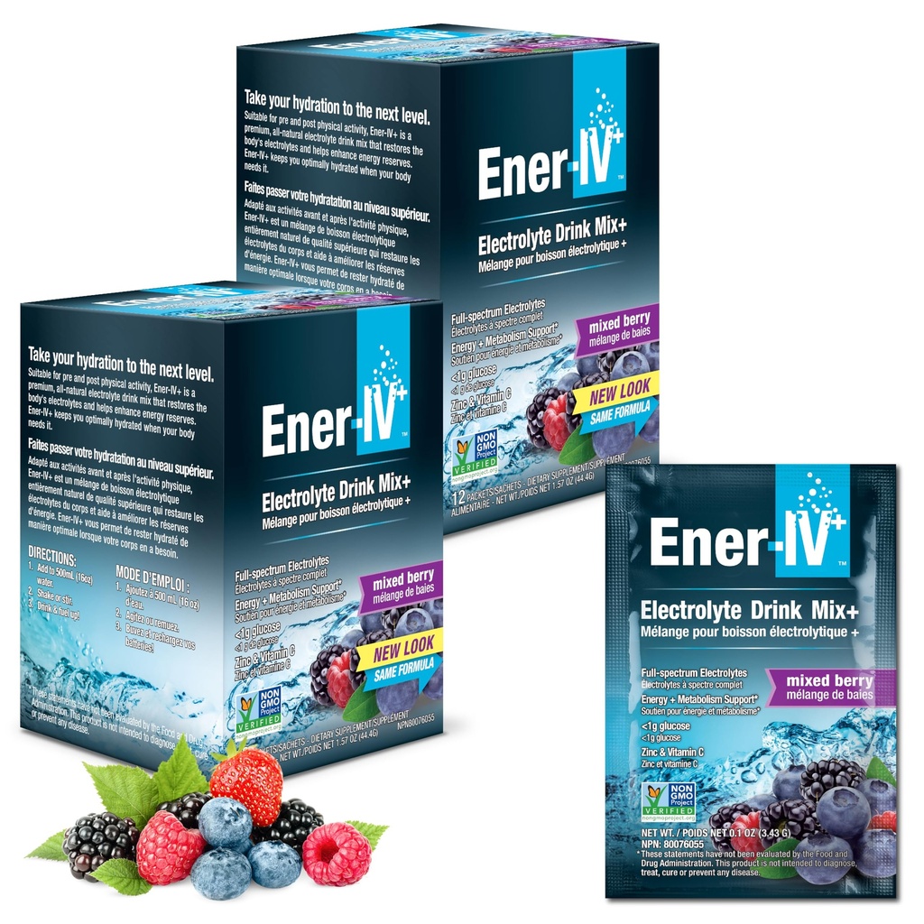 Energi- IV Electrolyte Drink Mix - Elektrolyte Powder Packets, Hydration Powder Drink, Hydrate Liquid Mix, Lavt sukker Rehydrering for kvinder & mænd - Blandede bær, 24 Greve