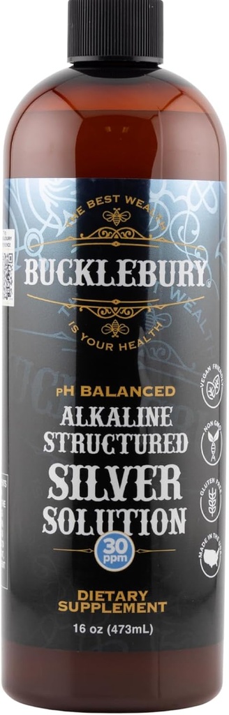 Bucklebury Silver Solution Liquid 30ppm - pH Balanced Natural Alkaline Structured Colloidal Silver Liquid for Immune Support & Overall Health - Gluten Free Colloidal Drops for Adults & Pets - 16 Oz
