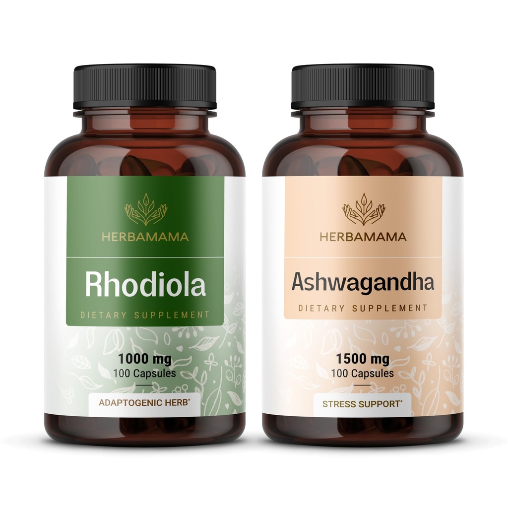 HERBAMAMA Rhodiola Rosea og Ashwagandha Kit - Bundle of 1000 mg Rhodiola Rosea Capsules & 1500 mg Ashwagandha Root Capsules - Vegan, Non- GMO, Gelatin- Free - 2 Pack