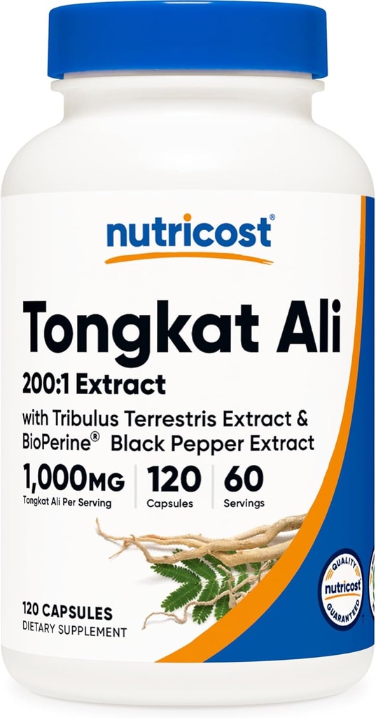 Nutricost Tongkat Ali 1.000mg 120 Kapsler - med Tribulus Terrestris og BioPerine, Vegetarisk Caps, Non- GMO, Gluten Free, Potent Extract
