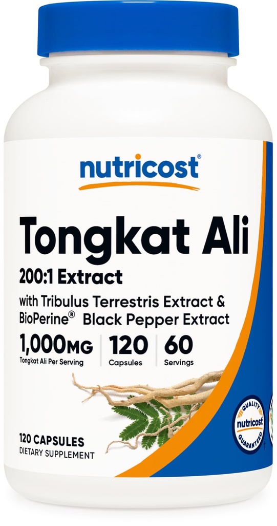 Nutricost Tongkat Ali 1.000mg 120 Kapsler - med Tribulus Terrestris og BioPerine, Vegetarisk Caps, Non- GMO, Gluten Free, Potent Extract