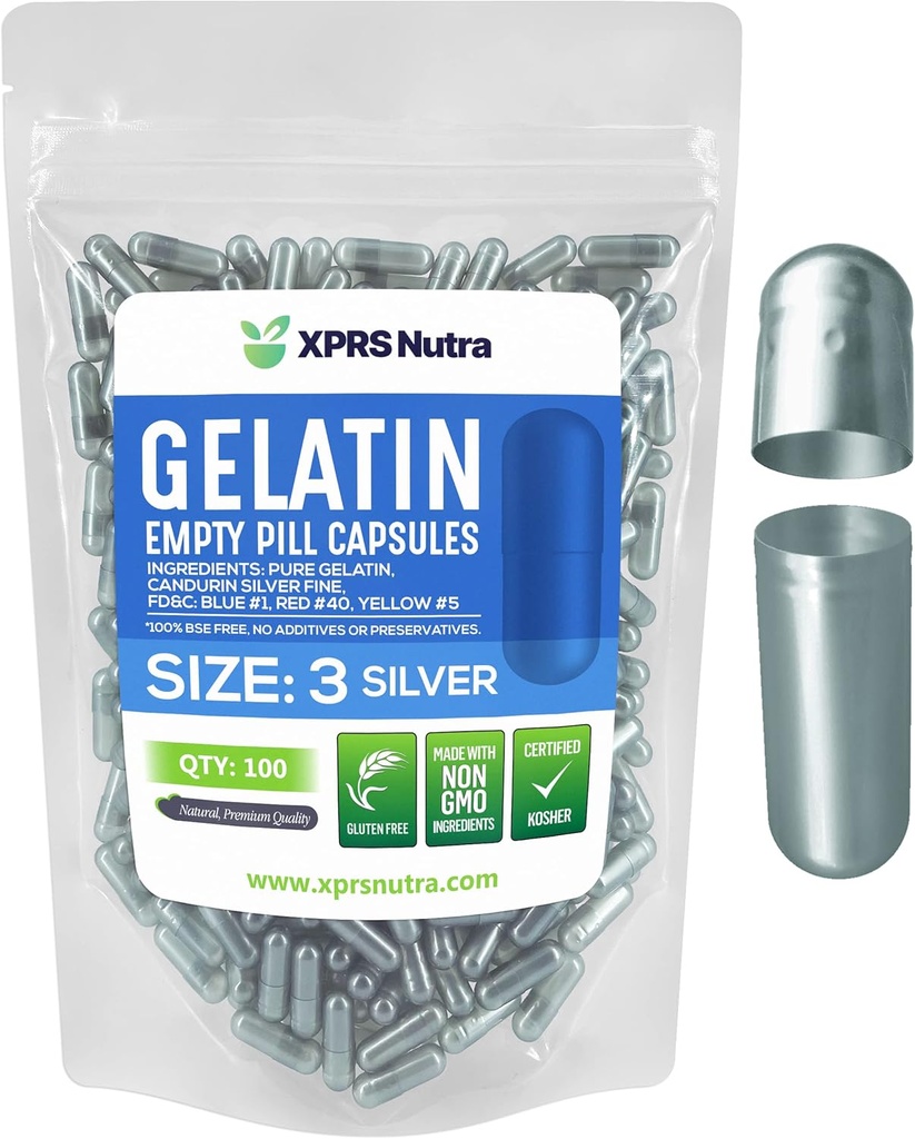 XPRS Nutra Size 3 Empty Capsules - 100 Count Empty Gelatin Capsules - Pills DIY Capsule Filling - Pure Bovine Pill Gel Caps for Do-It-Yourself Supplements (Silver)