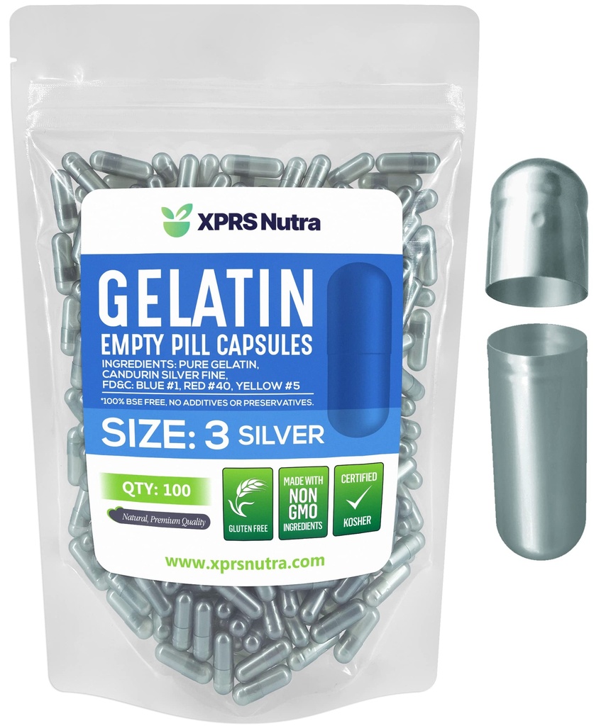 XPRS Nutra Størrelse 3 Tomme kapsler - 100 Tomme Gelatine kapsler - Piller gør det selv Capsule Filling - Pure Bovin Pill Gel Caps til Do- It- Yourself Kosttilskud (Sølv)
