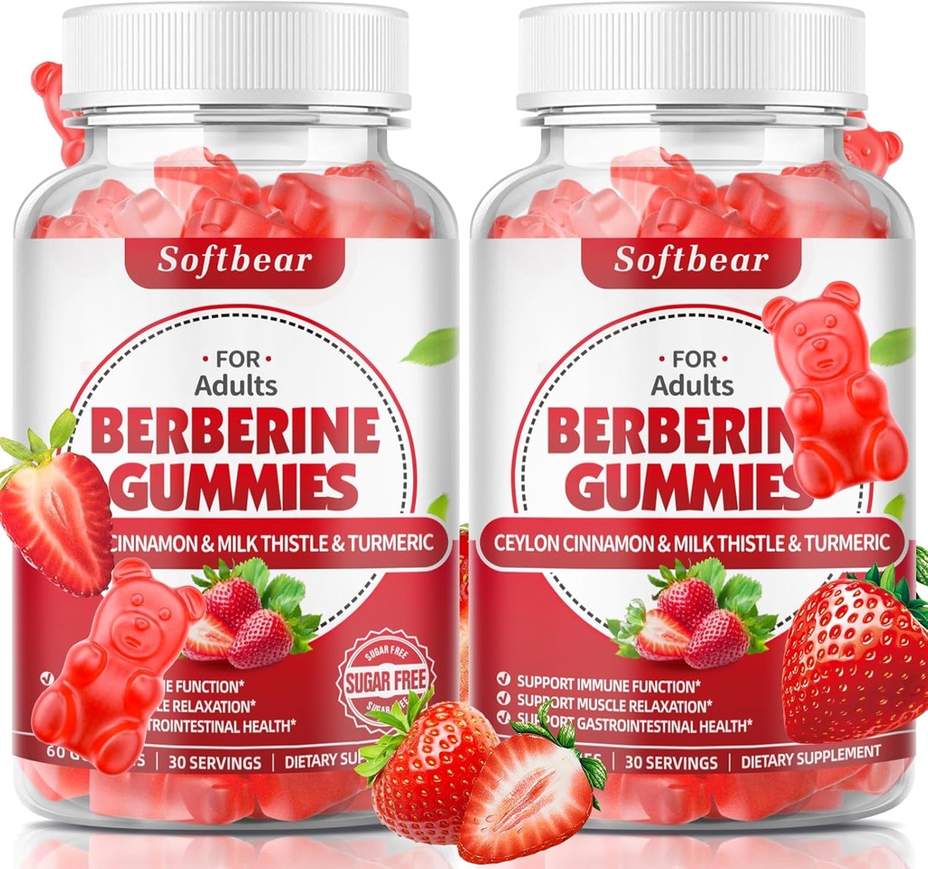 softbear Berberine med Ceylon Kanel Gummies Organic Berberine HCL 1500mg for Metabolisme Immunsundhed Sugar- Free Berberine Kosttilskud Strawberry Flavored 120 Greve