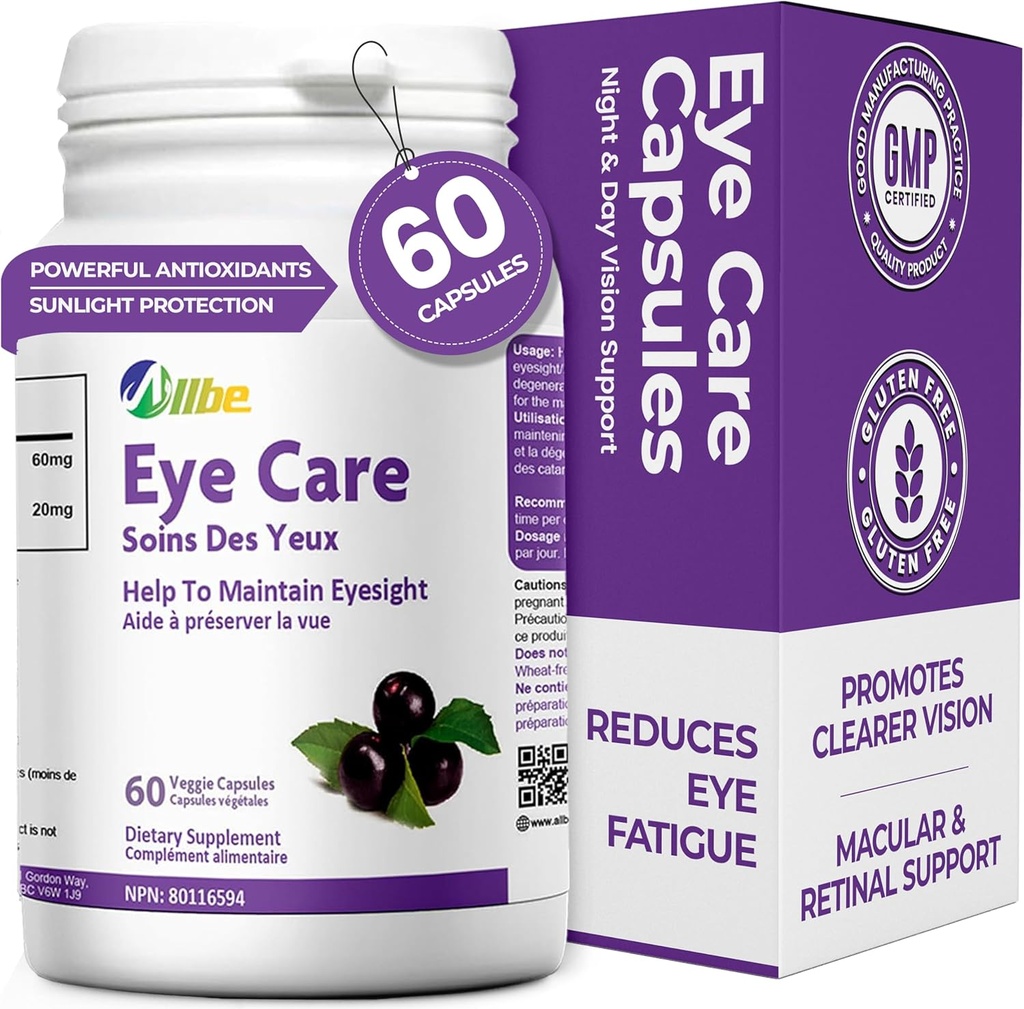 Eye Care kapsler, pakke med 60 Lutein 20mg og Maqui Berry 60mg Servering, Øje kosttilskud til voksne